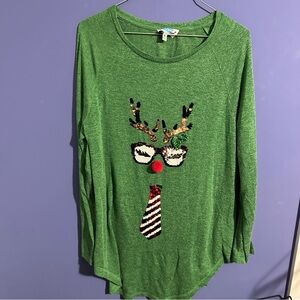 Green Reindeer Graphic Long Sleeve Top Rockin Around XL Womens Soft Holiday
